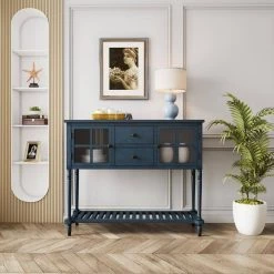 Antique Navy Sideboard Console Table with Bottom Shelf, Farmhouse Wood/Glass Buffet Storage Cabinet Living Room by ZIRUWU -ZIRUWU || Prepac Shop antique navy ziruwu accent cabinets zt zqp4sc 31 1000