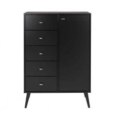 Milo 5-Drawer Black Mid-Century Modern Chest with Door 34.5 in W. x 49 in H. x 16 in. D by Prepac