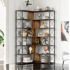 37.40 in. Wide Brown 6 Bookcase,L-Shaped Corner Bookcase with Metal Frame,Industrial Style Shelf with Open Storage by ZIRUWU -ZIRUWU || Prepac Shop brown ziruwu bookcases bookshelves zzq sja721a16 31 1000