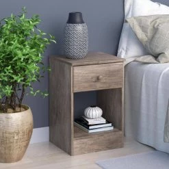 Astrid Drifted Gray Finish 1-Drawer Tall Nightstand (24.5 in H. x 16 in W. x 16 in D.) by Prepac -ZIRUWU || Prepac Shop drifted gray prepac nightstands ddnh 0401 1 44 1000