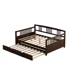Brown Full Size Daybed Wood Bed with Twin Size Trundle by ZIRUWU