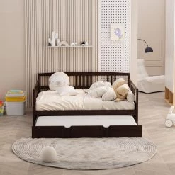 Brown Full Size Daybed Wood Bed with Twin Size Trundle by ZIRUWU -ZIRUWU || Prepac Shop espresso ziruwu daybeds zt zqp3db c3 1000