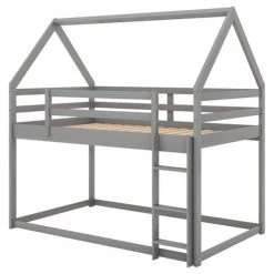 Twin over Twin Low Bunk Bed, House Bed with Ladder , Gray by ZIRUWU