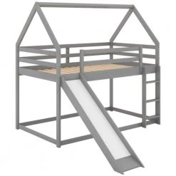 Twin Size Bunk House Bed with Slide and Ladder,Gray by ZIRUWU