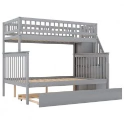 Gray Twin over Full Bunk Bed with Trundle and Staircase by ZIRUWU