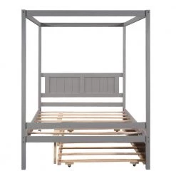 57 in. W Gray Full Frame Canopy Bedwith Trundle,With Slat Support Leg Frame by ZIRUWU