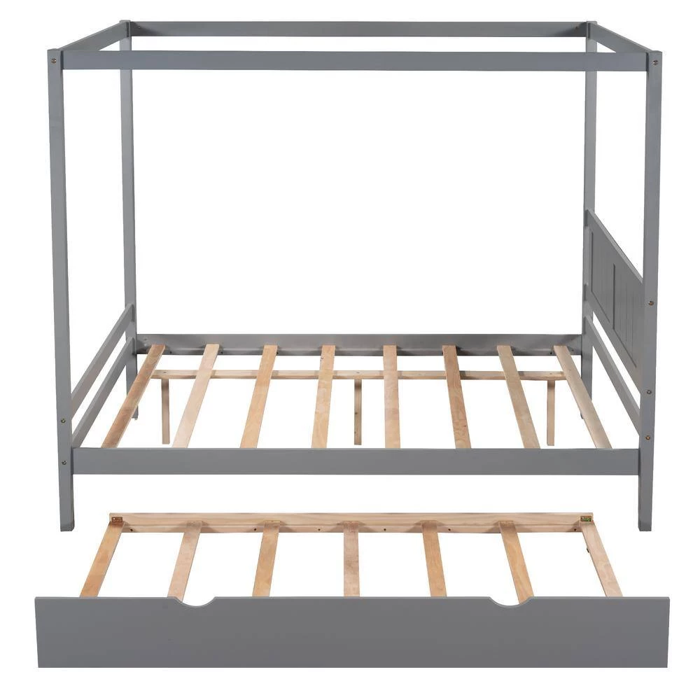 57 in. W Gray Full Frame Canopy Bedwith Trundle,With Slat Support Leg Frame by ZIRUWU 7 57 in. W Gray Full Frame Canopy Bedwith Trundle,With Slat Support Leg Frame by ZIRUWU - Image 7