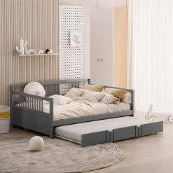 Gray Full Size Daybed Wood Bed with Twin Size Trundle by ZIRUWU -ZIRUWU || Prepac Shop gray ziruwu daybeds zt zqp2db 4f 1000