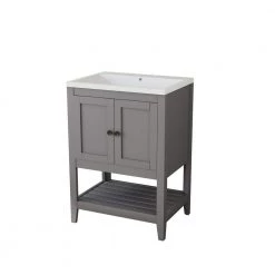 33.6" H X 23.7" W Grey Modern Sleek Bathroom Vanity Elegant Ceramic Sink with Solid Wood Frame Open Style Shelf by ZIRUWU