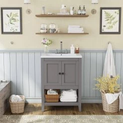 33.6" H X 23.7" W Grey Modern Sleek Bathroom Vanity Elegant Ceramic Sink with Solid Wood Frame Open Style Shelf by ZIRUWU -ZIRUWU || Prepac Shop gray ziruwu makeup vanities zt zqp2cs 76 1000