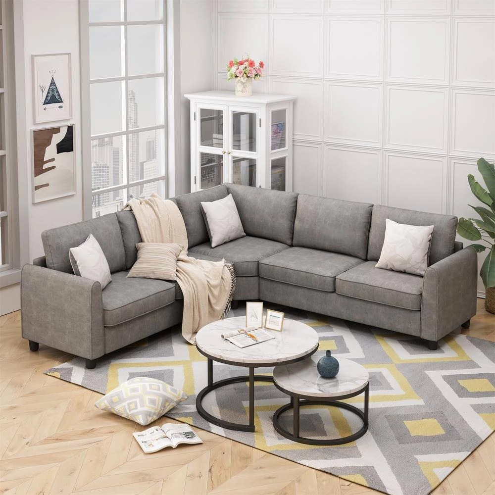 100 in W 3-Piece L Shaped Polyester Sectional Sofa Couch with 3 Pillows Included in Gray by ZIRUWU 8 100 in W 3-Piece L Shaped Polyester Sectional Sofa Couch with 3 Pillows Included in Gray by ZIRUWU - Image 8