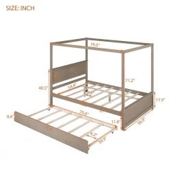 56.5 in. W Light Brown Full Frame Canopy Bedwith Trundle Bed, With Support Slats, No Box Spring Needed Frame by ZIRUWU -ZIRUWU || Prepac Shop light brown ziruwu canopy beds zzq yuda7568a 1f 1000