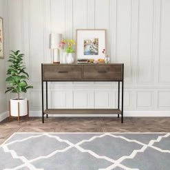 40.6in. Natural Console Table with Two Top Drawers and Open Shelf，Vintage Storage with Sturdy Metal Frame by ZIRUWU -ZIRUWU || Prepac Shop natural ziruwu console tables zqp sn2cta 31 1000