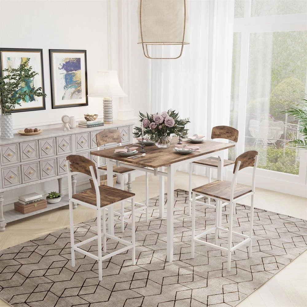 5-piece Counter Height Drop Leaf Dining Table Set Set Seats 4, White Frame+ Rustic Brown Tabletop by ZIRUWU 8 5-piece Counter Height Drop Leaf Dining Table Set Set Seats 4, White Frame+ Rustic Brown Tabletop by ZIRUWU - Image 8