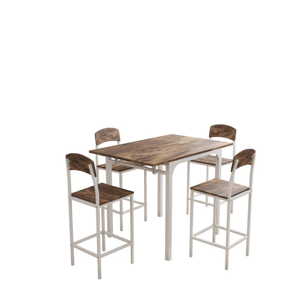 5-piece Counter Height Drop Leaf Dining Table Set Set Seats 4, White Frame+ Rustic Brown Tabletop by ZIRUWU 2 5-piece Counter Height Drop Leaf Dining Table Set Set Seats 4, White Frame+ Rustic Brown Tabletop by ZIRUWU - Image 2