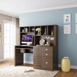 59.06 in. W Walnut Home Office Computer Desk with Hutch by ZIRUWU -ZIRUWU || Prepac Shop walnut ziruwu computer desks zt zqp9cd 31 1000