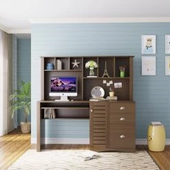 59.06 in. W Walnut Home Office Computer Desk with Hutch by ZIRUWU -ZIRUWU || Prepac Shop walnut ziruwu computer desks zt zqp9cd c3 1000