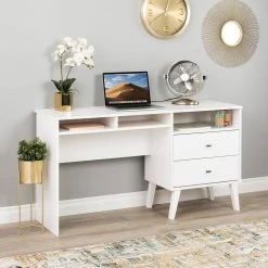 Milo 55 in. Mid Century Modern White 2 Drawer Computer Desk with Side Storage by Prepac