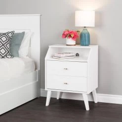 Milo Mid Century Modern White 2-Drawer Nightstand with Angled Top by Prepac -ZIRUWU || Prepac Shop white prepac nightstands wdnr 1403 1 76 1000