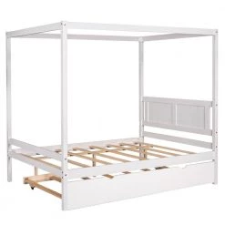 57 in. W White Full Frame Canopy Bedwith Trundle,With Slat Support Leg Frame by ZIRUWU -ZIRUWU || Prepac Shop white ziruwu canopy beds zzq yuda7560a 1f 1000
