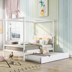 57 in. W White Full Frame Canopy Bedwith Trundle,With Slat Support Leg Frame by ZIRUWU -ZIRUWU || Prepac Shop white ziruwu canopy beds zzq yuda7560a 31 1000