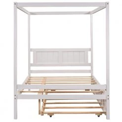 57 in. W White Full Frame Canopy Bedwith Trundle,With Slat Support Leg Frame by ZIRUWU