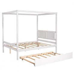 57 in. W White Full Frame Canopy Bedwith Trundle,With Slat Support Leg Frame by ZIRUWU -ZIRUWU || Prepac Shop white ziruwu canopy beds zzq yuda7560a 76 1000
