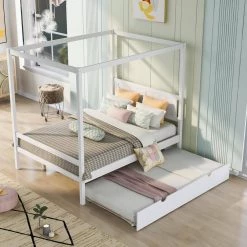57 in. W White Full Frame Canopy Bedwith Trundle,With Slat Support Leg Frame by ZIRUWU -ZIRUWU || Prepac Shop white ziruwu canopy beds zzq yuda7560a c3 1000