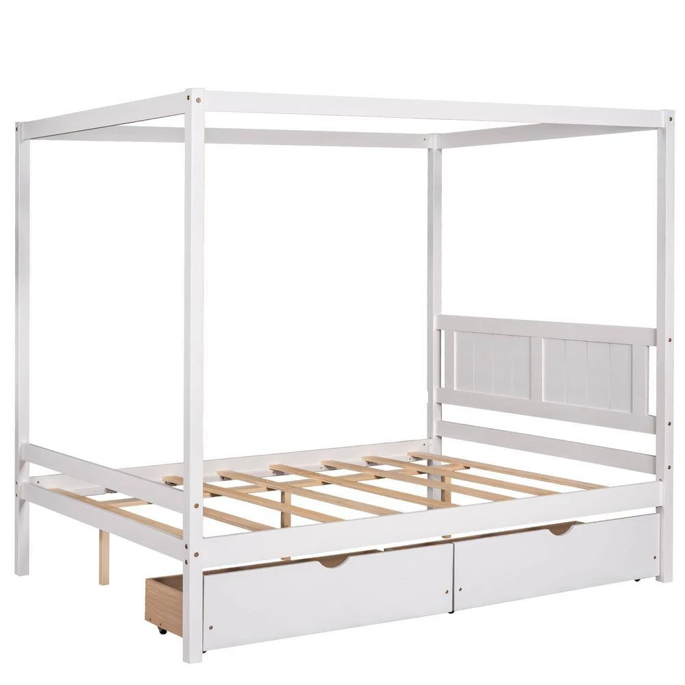 57 in. W White Full Frame Canopy Bedwith Two Drawers,With Slat Support Leg Frame by ZIRUWU 5 57 in. W White Full Frame Canopy Bedwith Two Drawers,With Slat Support Leg Frame by ZIRUWU - Image 5