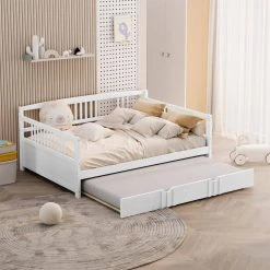 White Full Size Daybed Wood Bed with Twin Size Trundle by ZIRUWU -ZIRUWU || Prepac Shop white ziruwu daybeds zt zqp1db 31 1000