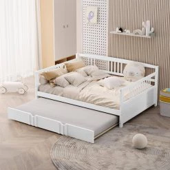 White Full Size Daybed Wood Bed with Twin Size Trundle by ZIRUWU -ZIRUWU || Prepac Shop white ziruwu daybeds zt zqp1db fa 1000
