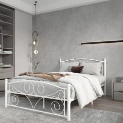 Full Size Unique Flower Sturdy System Metal Bed Frame with Headboard and Footboard by ZIRUWU -ZIRUWU || Prepac Shop white ziruwu platform beds zqp bf20b 31 1000
