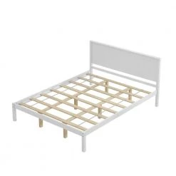 61.2 in. White Platform Bed Frame with Headboard, Wood Slat Support by ZIRUWU