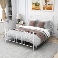 59.84 in. W White Queen Metal Frame Platform Bed with headboard and footboard, heavy duty and quick assembly by ZIRUWU -ZIRUWU || Prepac Shop white ziruwu platform beds zzq yuda7514a 4f 1000