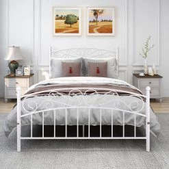 59.84 in. W White Queen Metal Frame Platform Bed with headboard and footboard, heavy duty and quick assembly by ZIRUWU -ZIRUWU || Prepac Shop white ziruwu platform beds zzq yuda7514a c3 1000