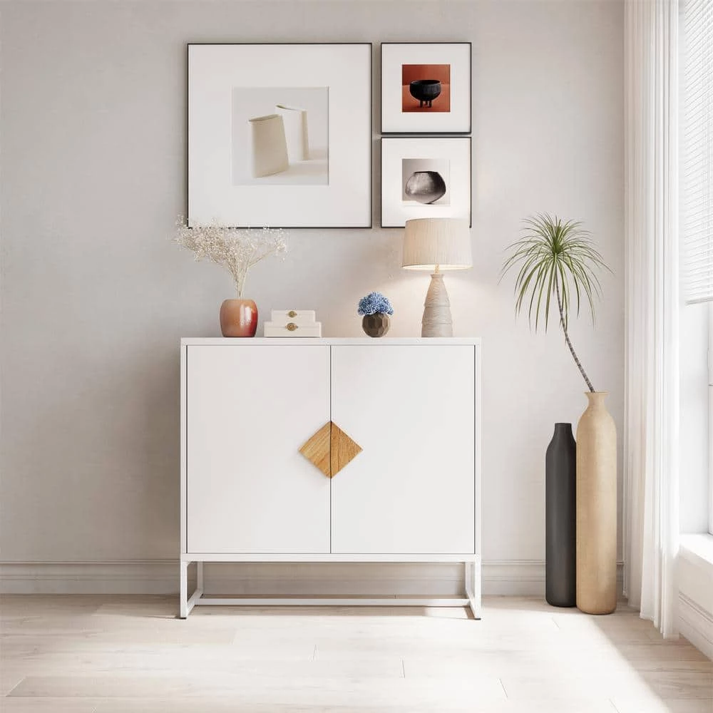 White Solid Wood Sideboard with Square Shape Handle 2 Doors by ZIRUWU 9 White Solid Wood Sideboard with Square Shape Handle 2 Doors by ZIRUWU - Image 9